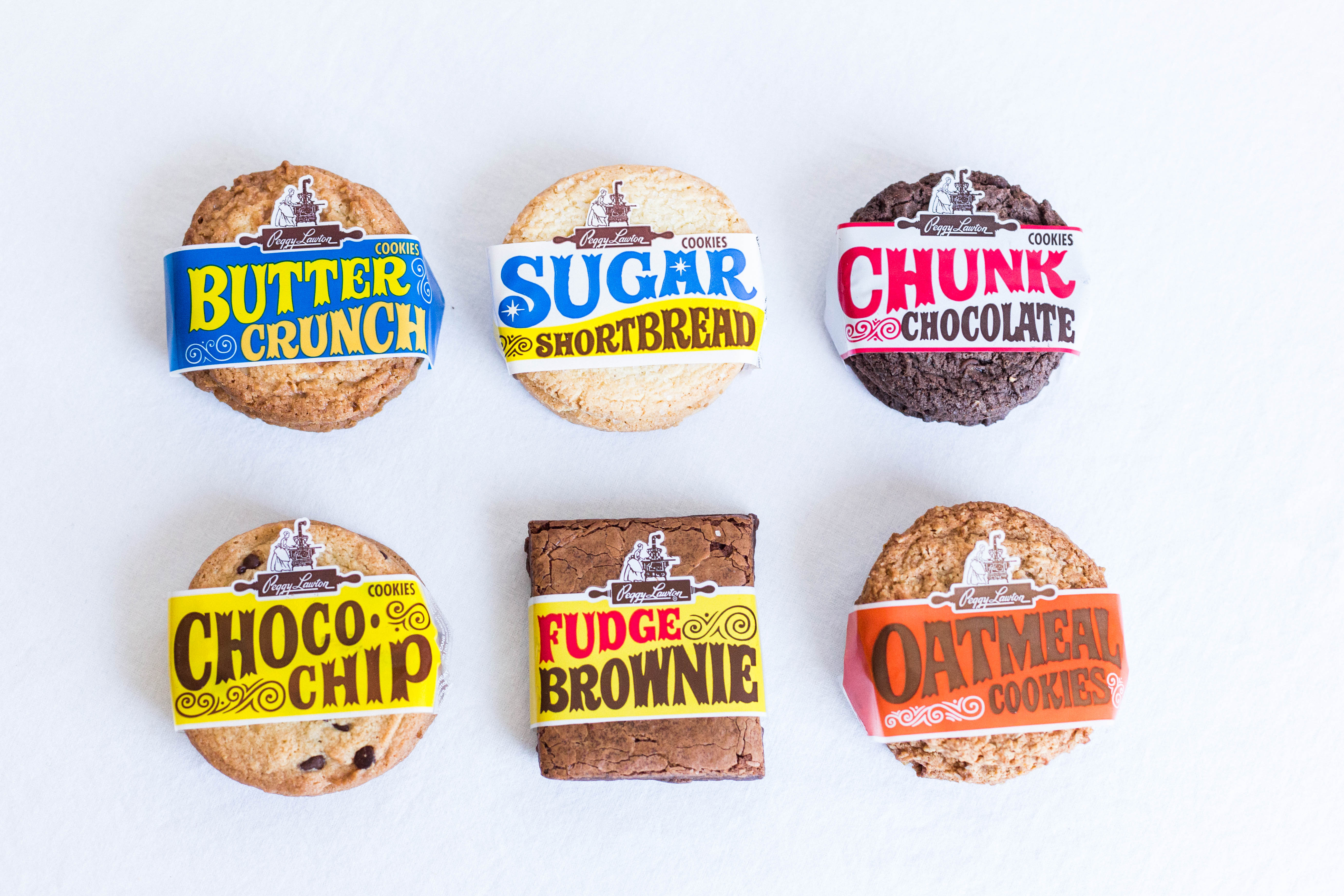 Peggy Lawton Buttercrunch, Sugar Shortbread, Chunk Chocolate, Choco Chip, and Oatmeal cookies and a Fudge Brownie